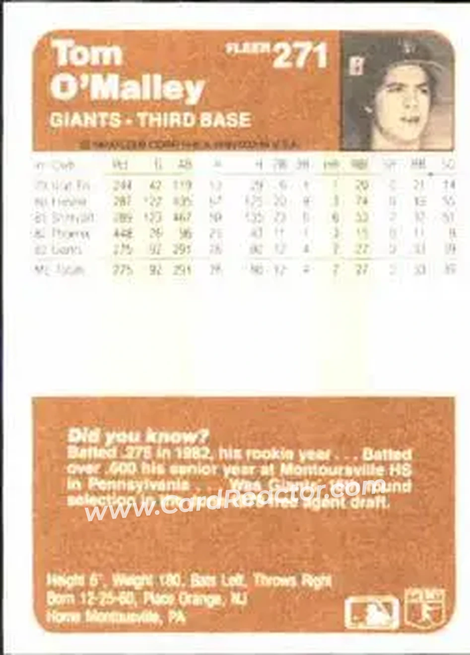 1983 Fleer #271 - Tom O'Malley - San Francisco Giants - Back