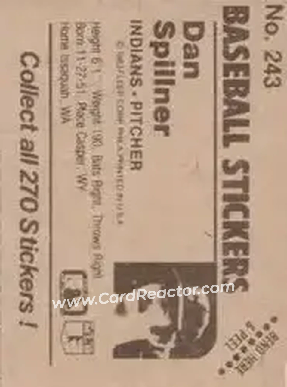 1983 Fleer Star Stickers #243 - Dan Spillner - Cleveland Indians - Back