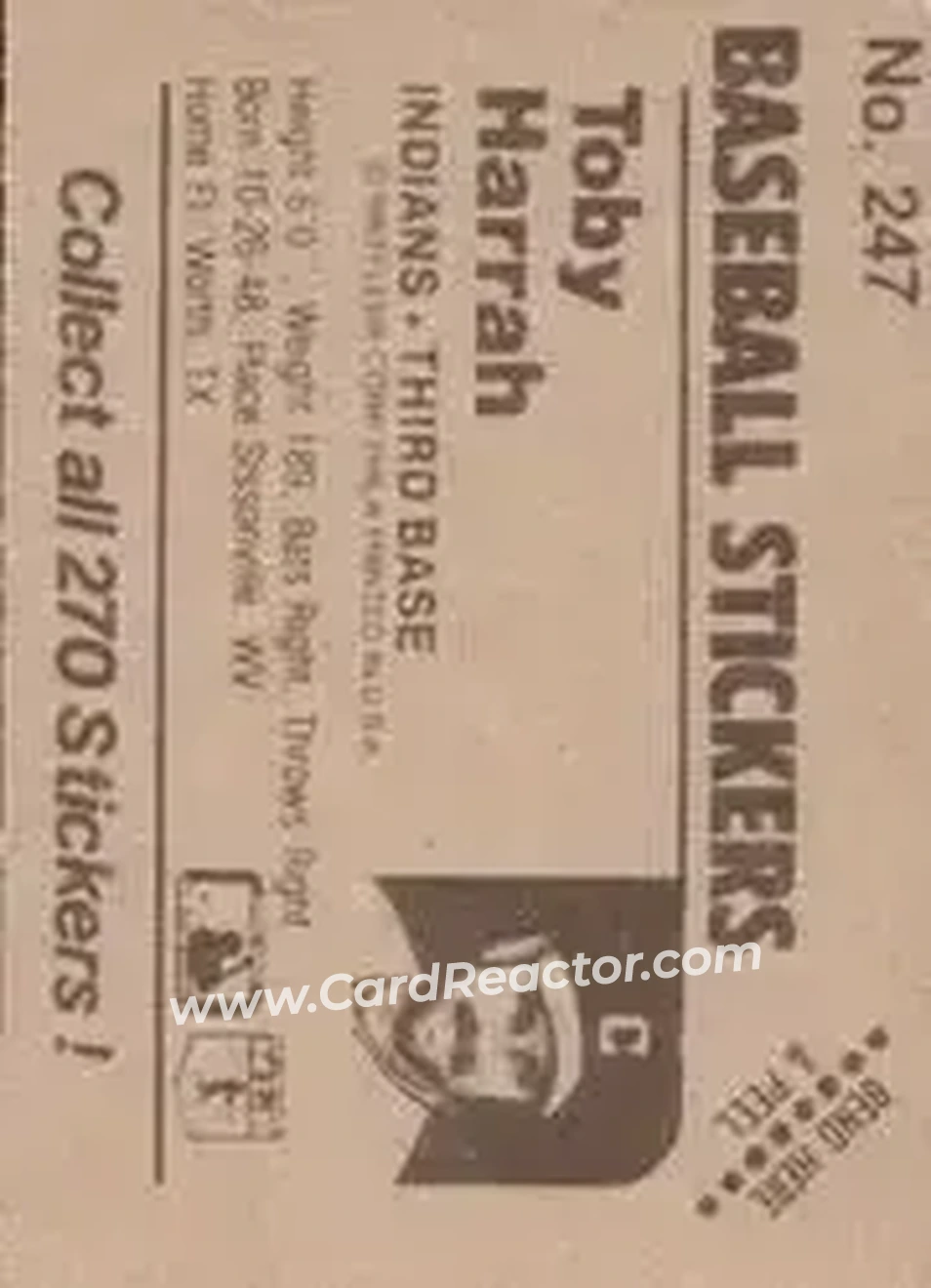 1983 Fleer Star Stickers #247 - Toby Harrah - Cleveland Indians - Back 1983 Fleer Star Stickers #247 - Toby Harrah - Cleveland Indians - Back