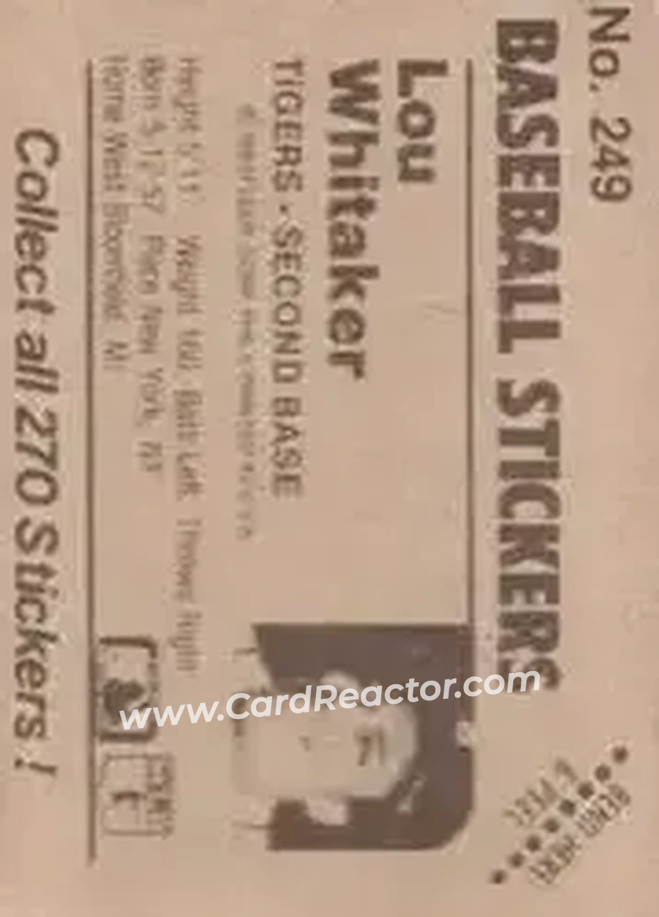 1983 Fleer Star Stickers #249 - Lou Whitaker - Detroit Tigers - Back 1983 Fleer Star Stickers #249 - Lou Whitaker - Detroit Tigers - Back