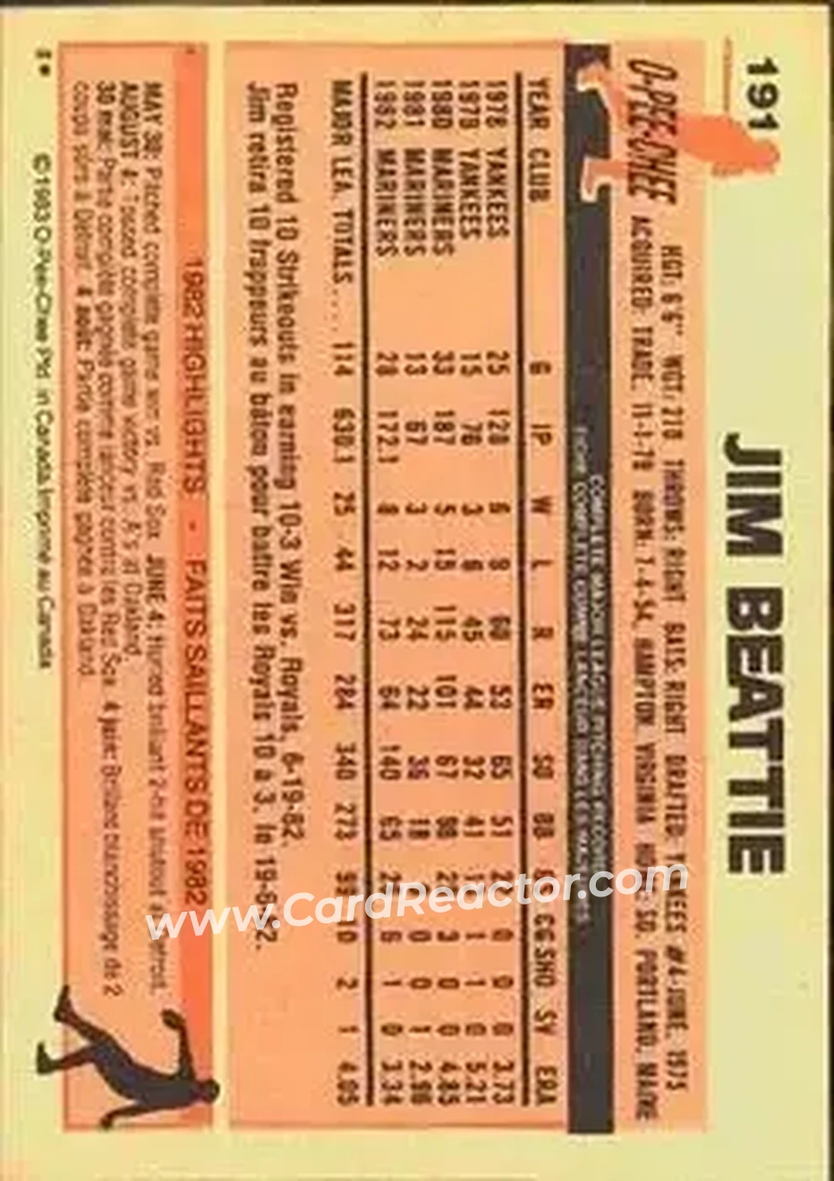 1983 O-Pee-Chee #191 - Jim Beattie - Seattle Mariners - Back