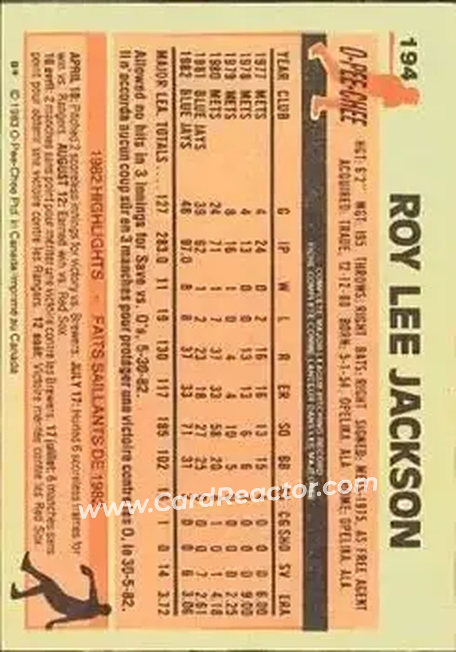1983 O-Pee-Chee #194 - Roy Lee Jackson - Toronto Blue Jays - Back 1983 O-Pee-Chee #194 - Roy Lee Jackson - Toronto Blue Jays - Back