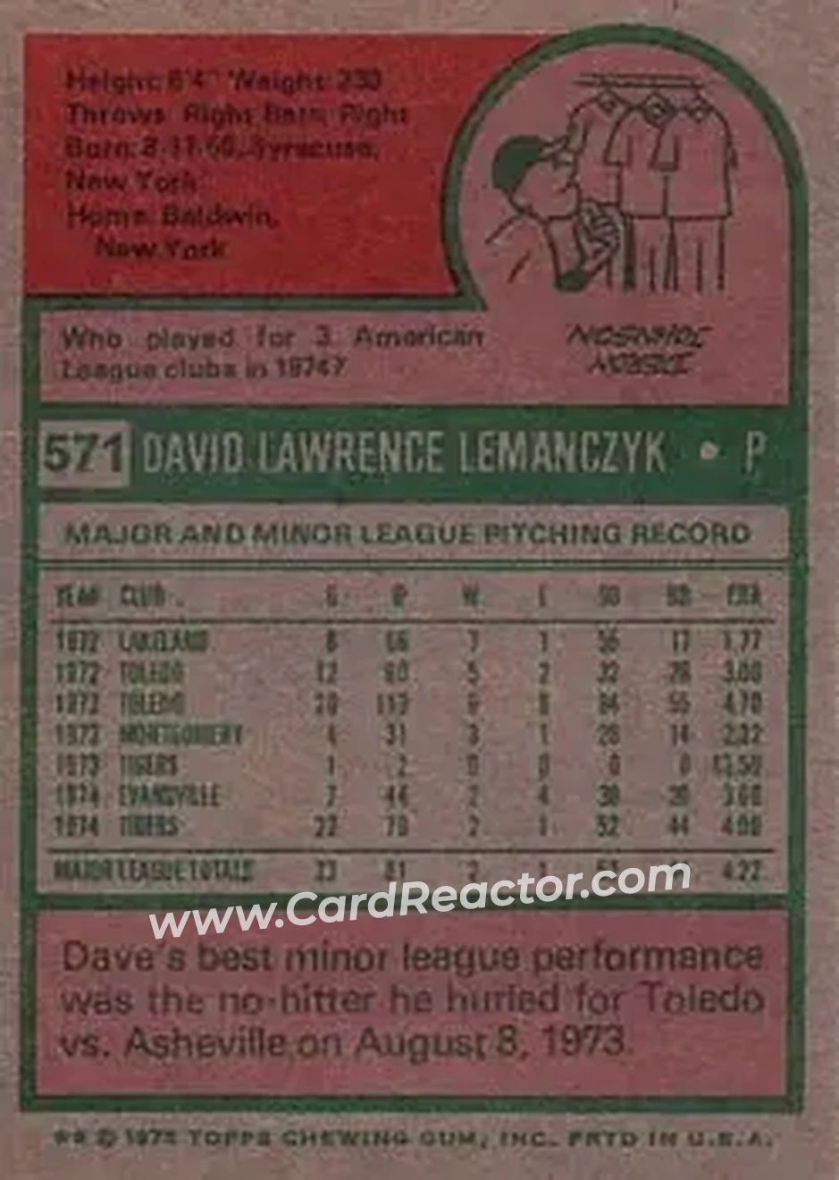 1975 Topps #571 - Dave Lemanczyk - Detroit Tigers - Back
