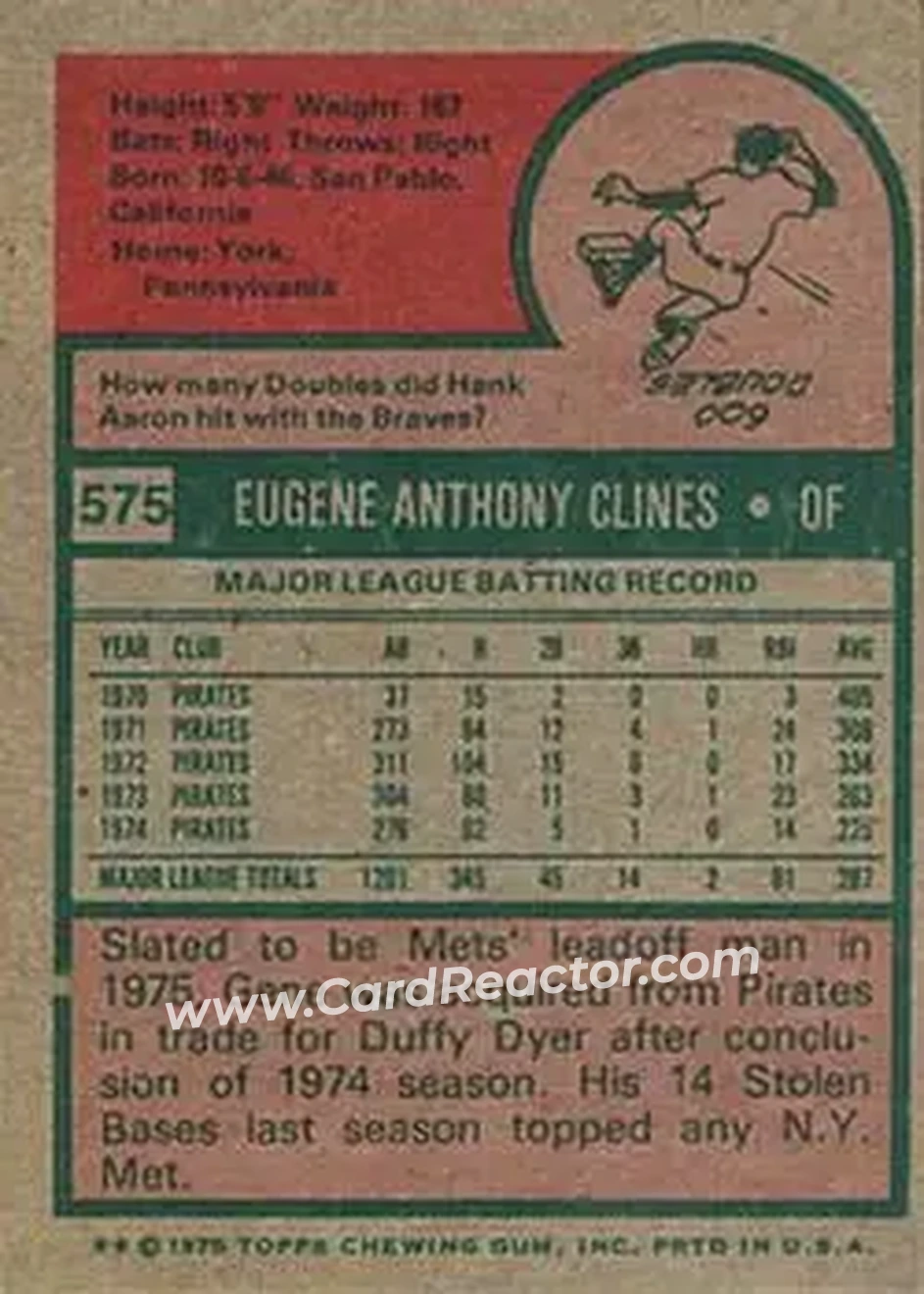 1975 Topps #575 - Gene Clines - New York Mets - Back 1975 Topps #575 - Gene Clines - New York Mets - Back