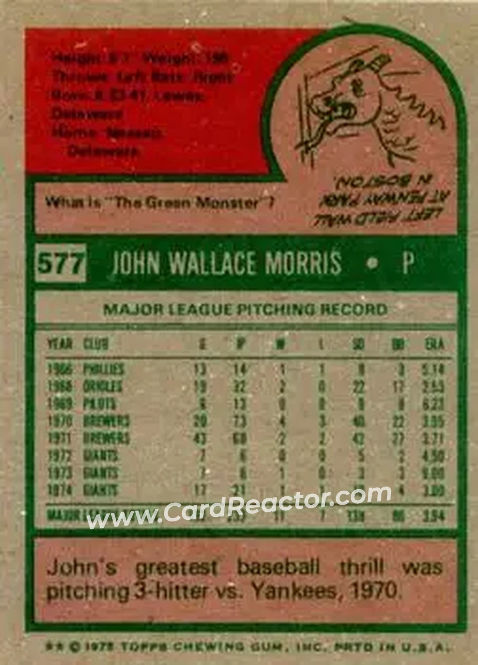 1975 Topps #577 - John Morris - San Francisco Giants - Back