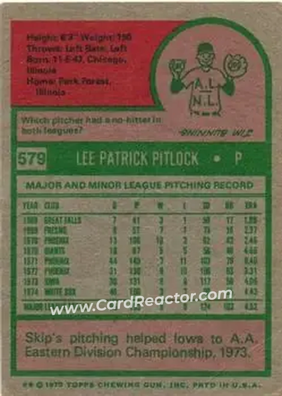 1975 Topps #579 - Skip Pitlock - Chicago White Sox - Back