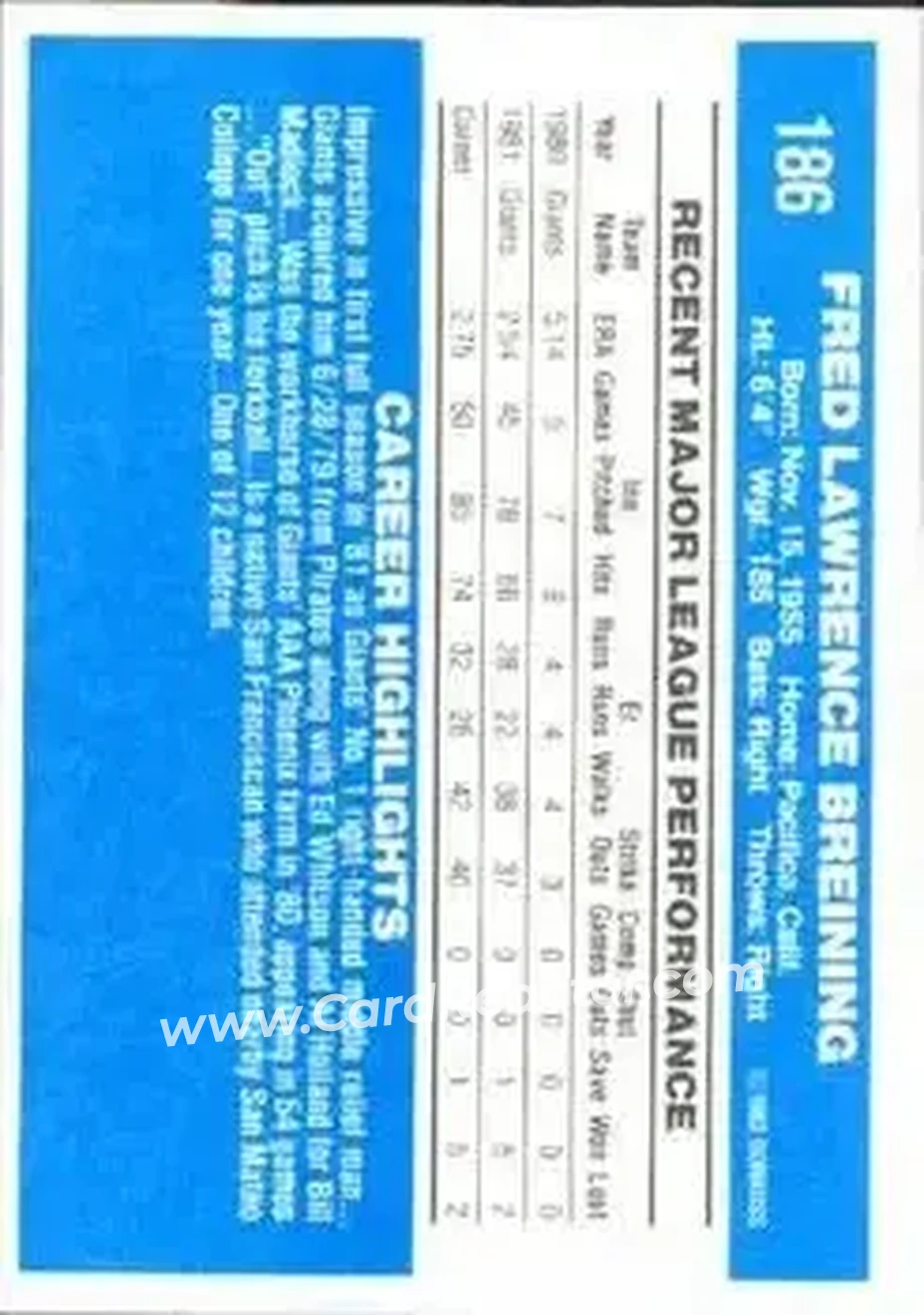 1982 Donruss #186 - Fred Breining - San Francisco Giants - Back