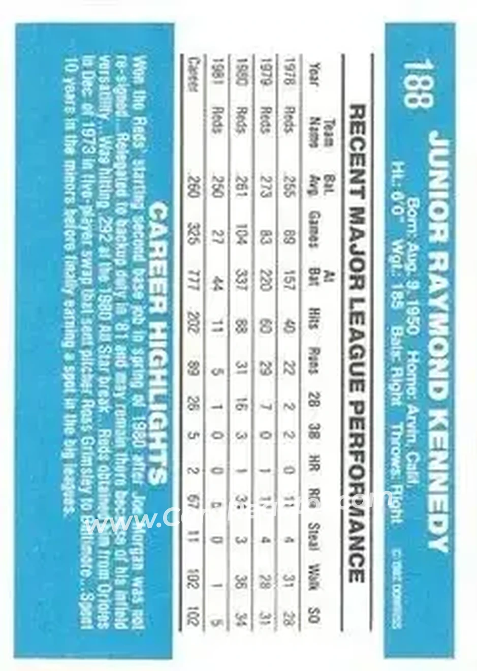 1982 Donruss #188 - Junior Kennedy - Cincinnati Reds - Back