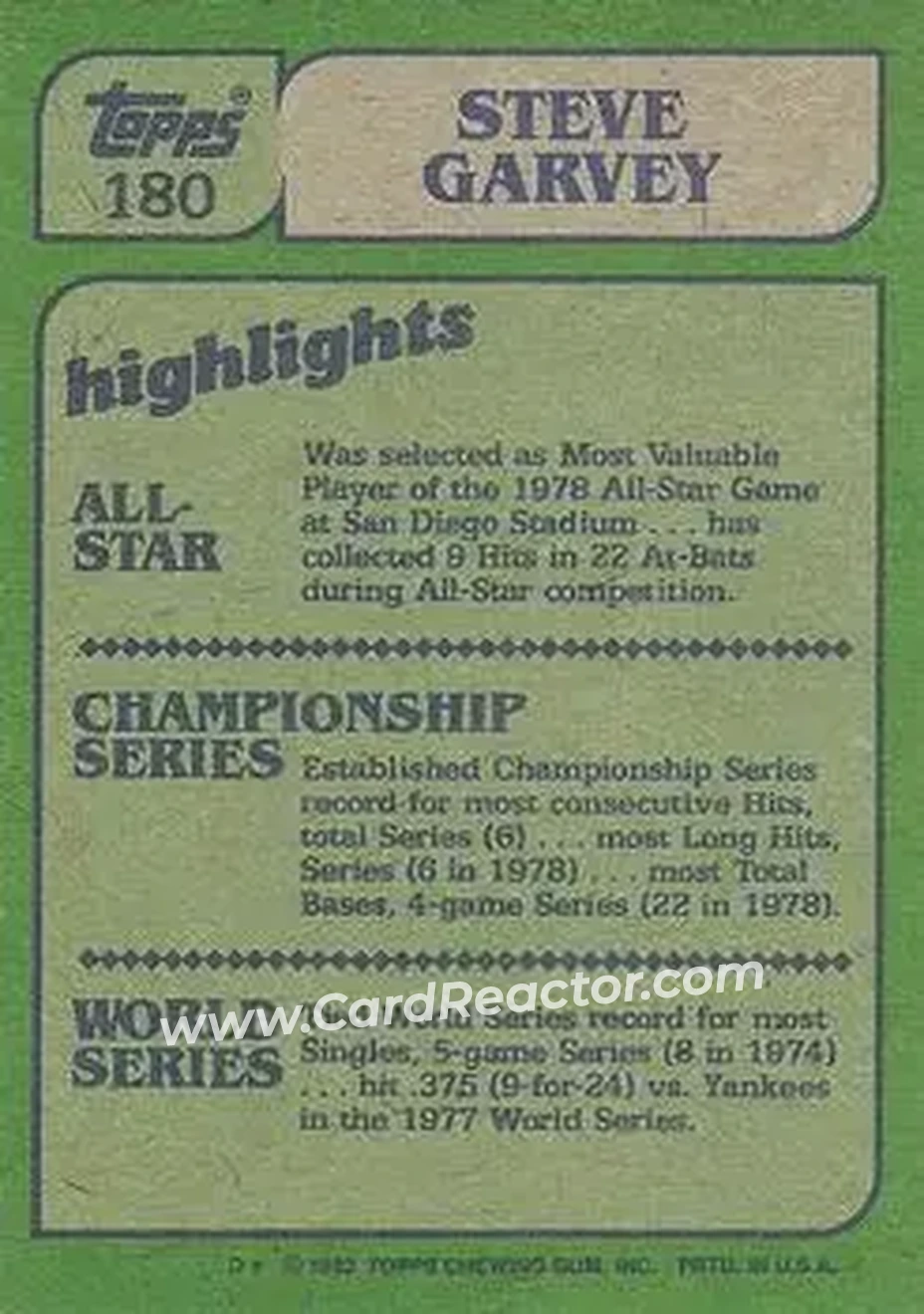 1982 Topps #180 - Steve Garvey - Los Angeles Dodgers - Back