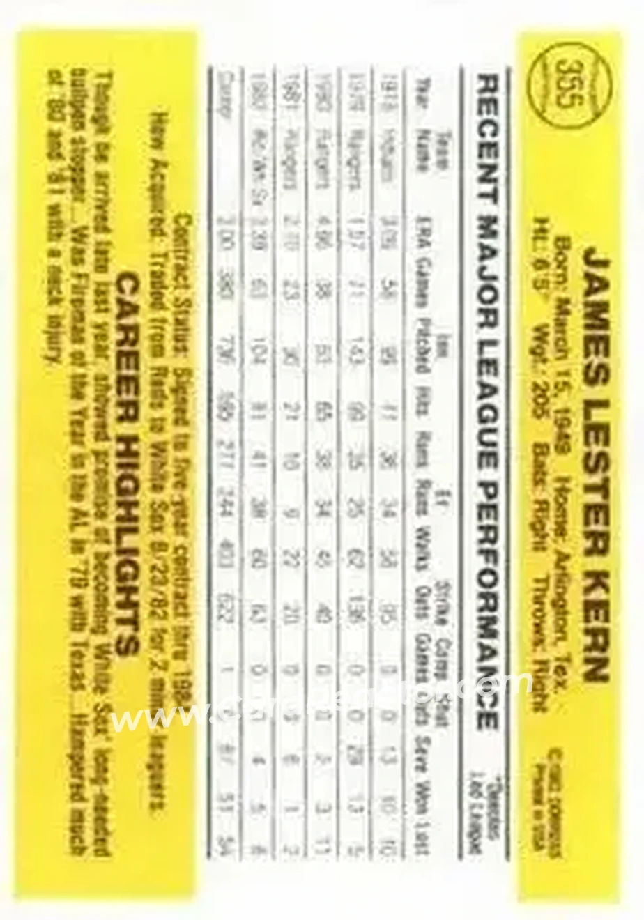 1983 Donruss #355 - Jim Kern - Cincinnati Reds - Back