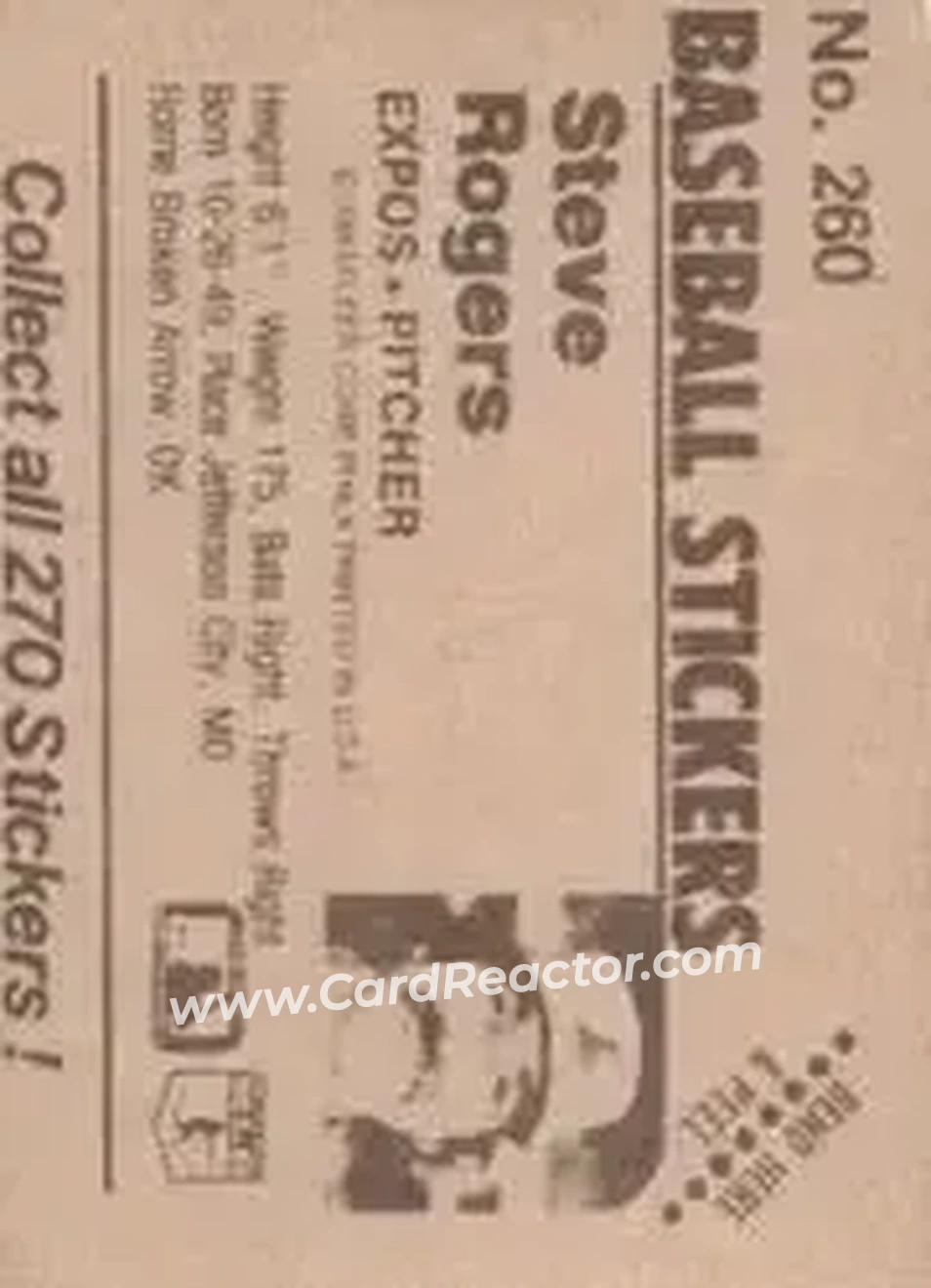 1983 Fleer Star Stickers #260 - Steve Rogers - Montreal Expos - Back 1983 Fleer Star Stickers #260 - Steve Rogers - Montreal Expos - Back