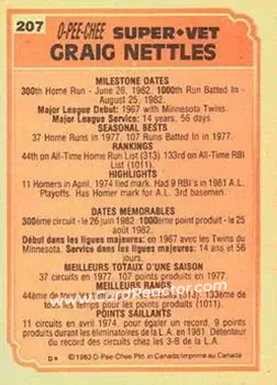 1983 O-Pee-Chee #207 - Graig Nettles - Back