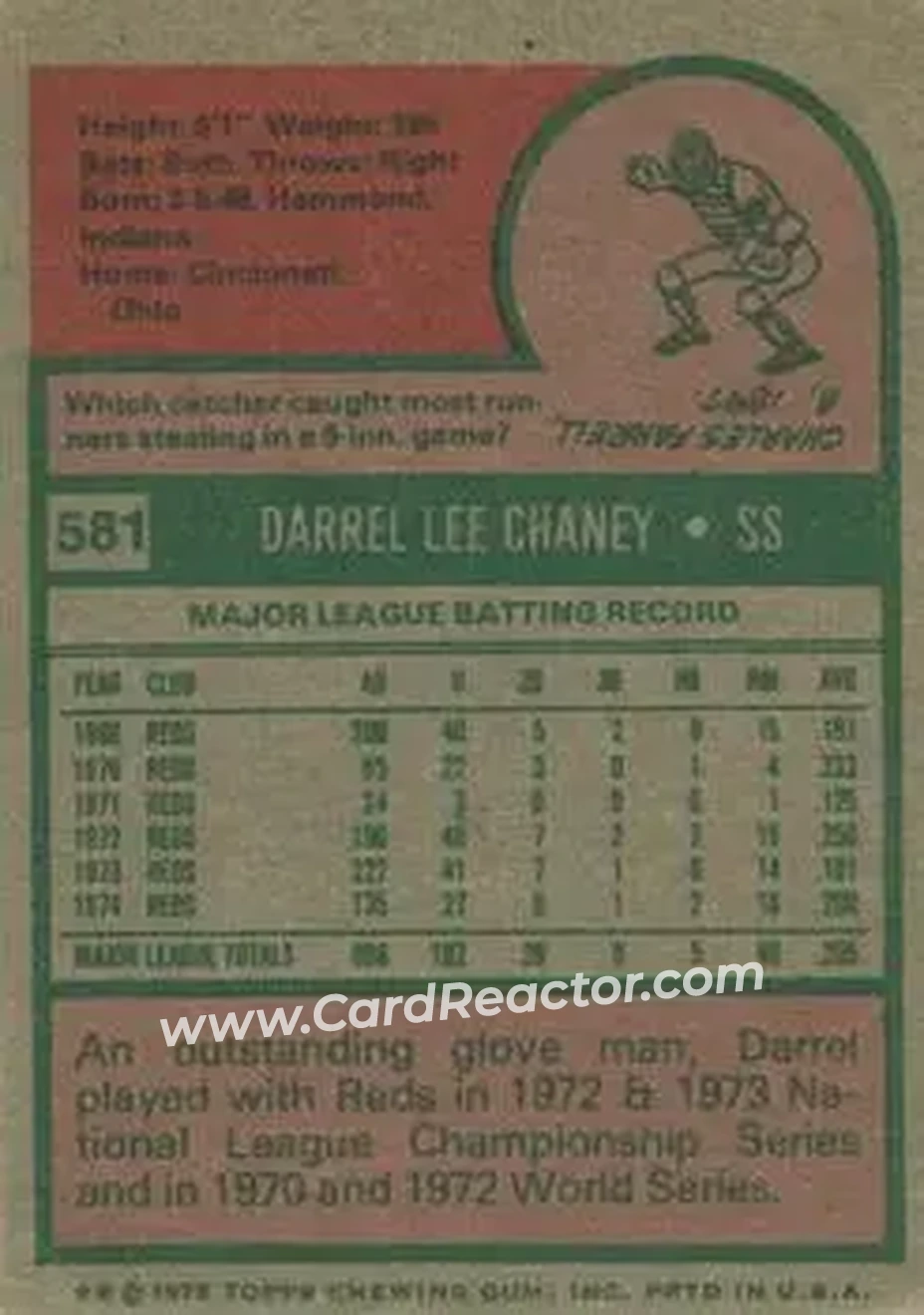 1975 Topps #581 - Darrel Chaney - Cincinnati Reds - Back 1975 Topps #581 - Darrel Chaney - Cincinnati Reds - Back