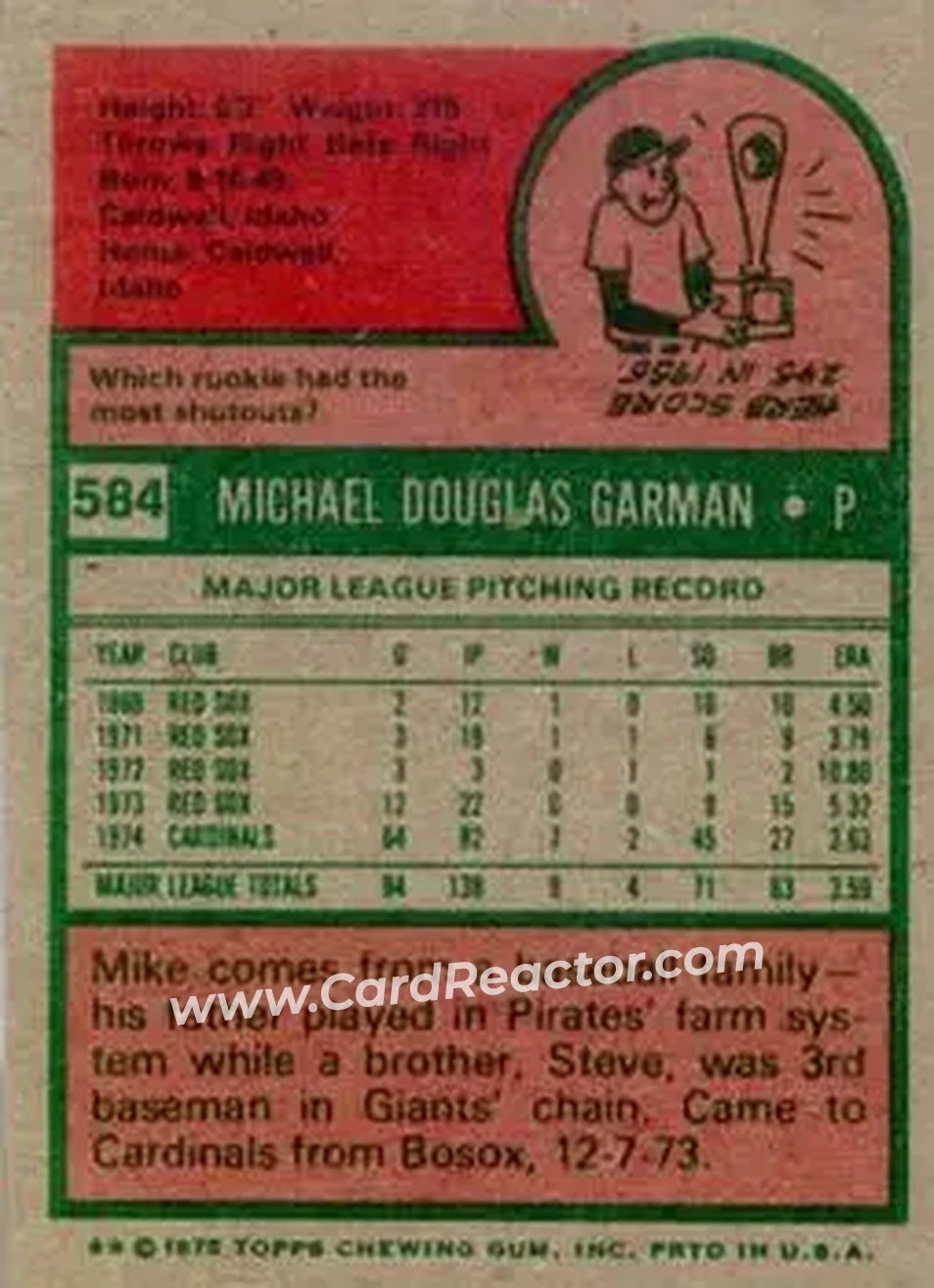 1975 Topps #584 - Mike Garman - St. Louis Cardinals - Back