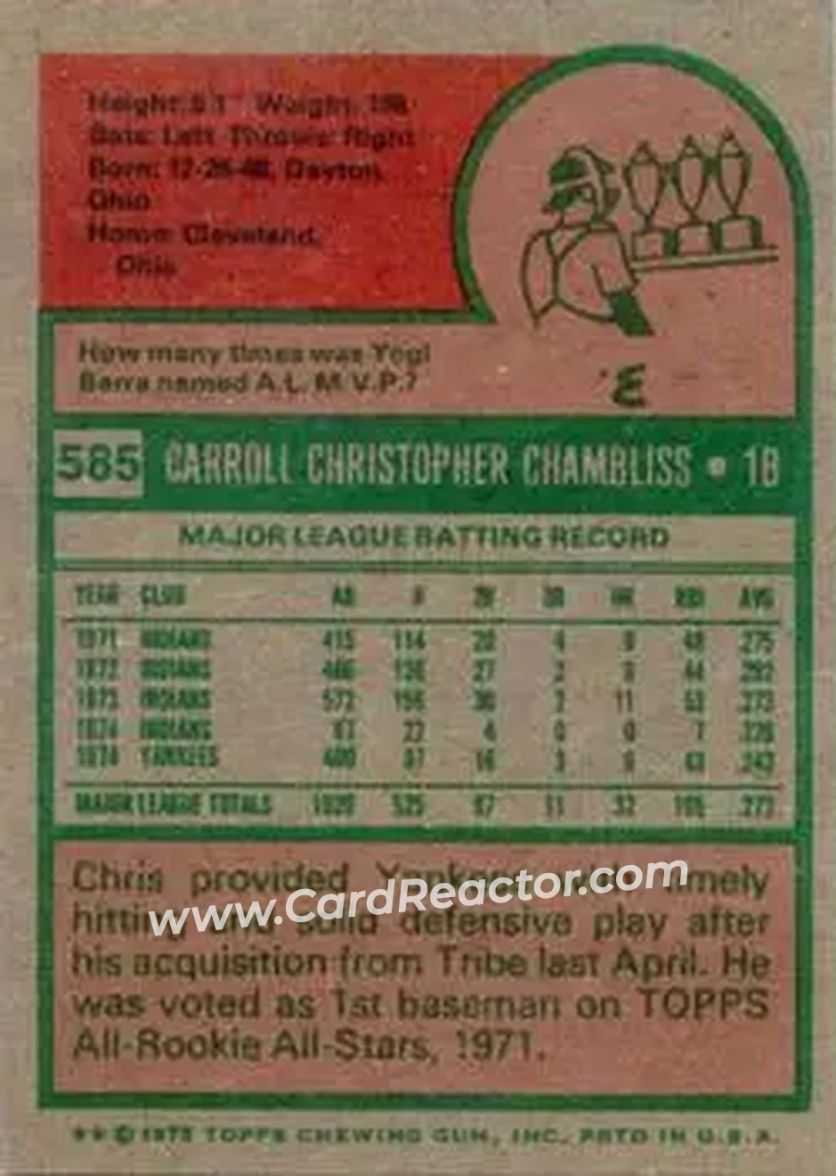 1975 Topps #585 - Chris Chambliss - New York Yankees - Back
