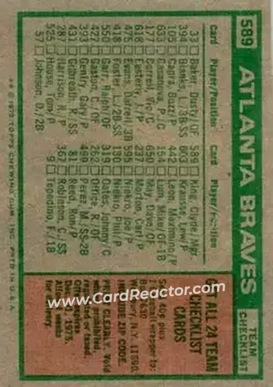 1975 Topps #589 - Card #589 - Atlanta Braves - Back