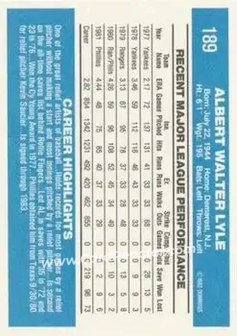 1982 Donruss #189 - Sparky Lyle - Philadelphia Phillies - Back