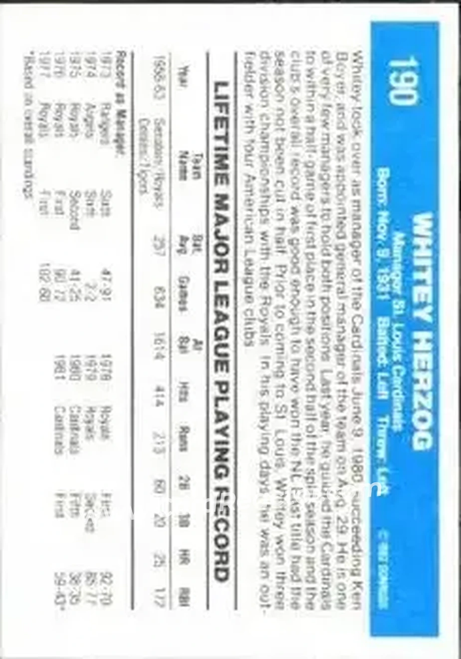 1982 Donruss #190 - Whitey Herzog - St. Louis Cardinals - Back