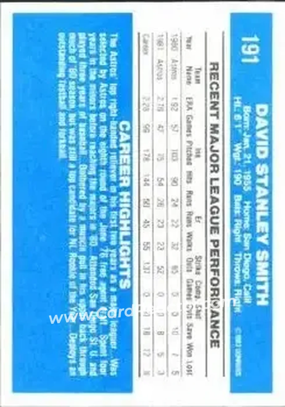 1982 Donruss #191 - Dave Smith - Houston Astros - Back