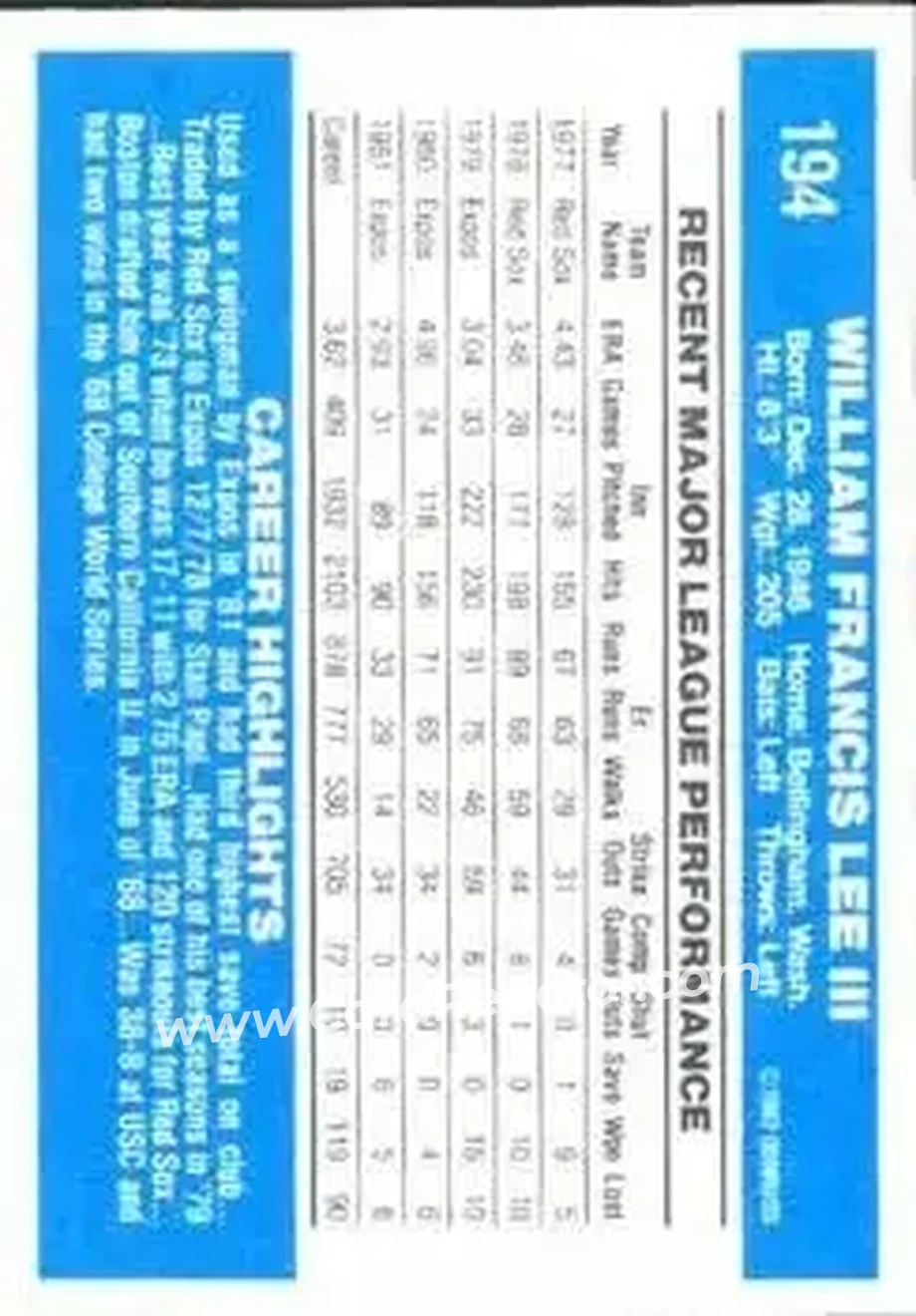 1982 Donruss #194 - Bill Lee - Montreal Expos - Back 1982 Donruss #194 - Bill Lee - Montreal Expos - Back