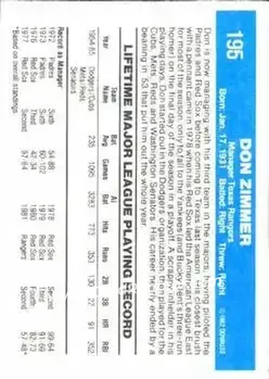 1982 Donruss #195 - Don Zimmer - Texas Rangers - Back