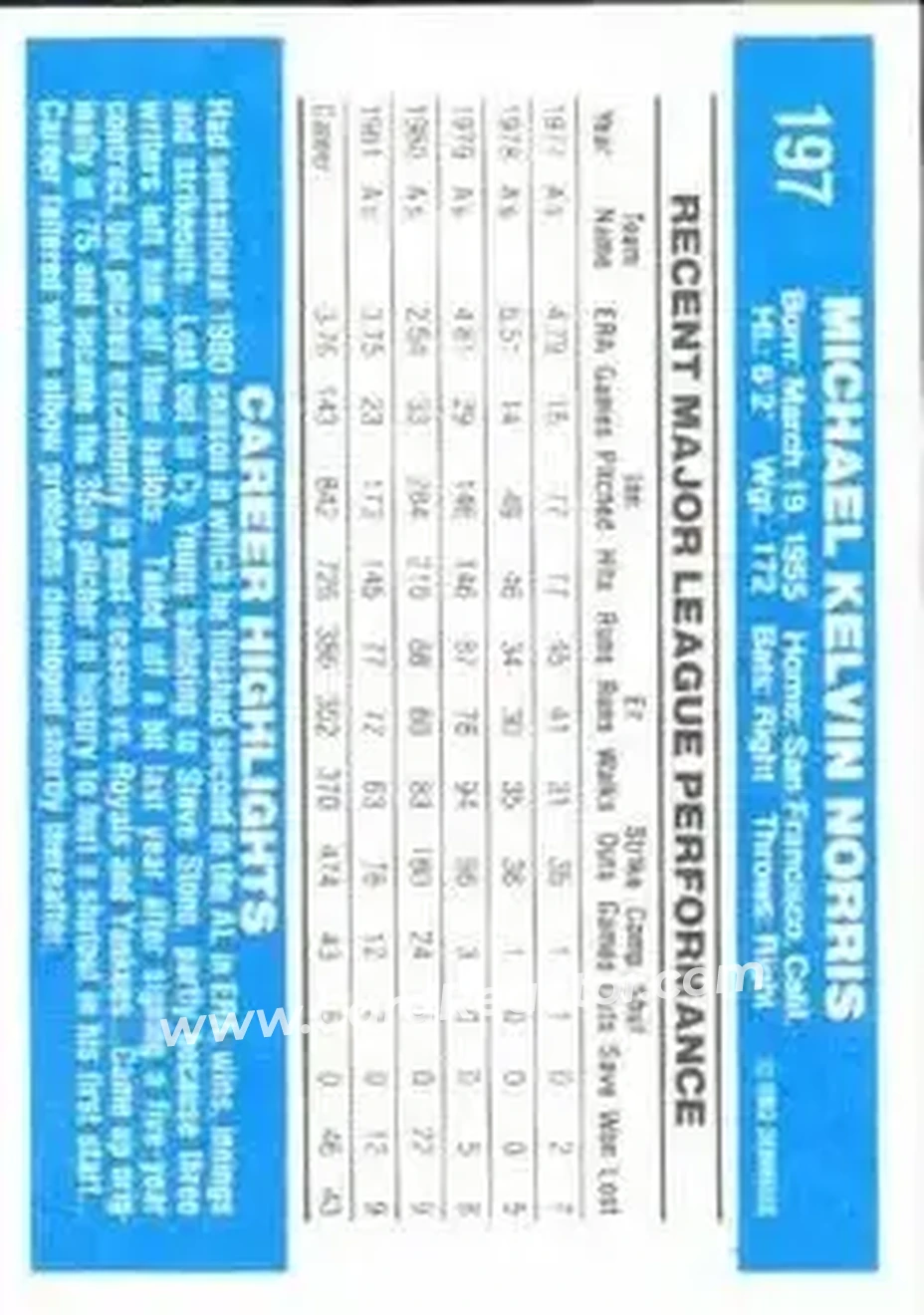 1982 Donruss #197 - Mike Norris - Oakland Athletics - Back