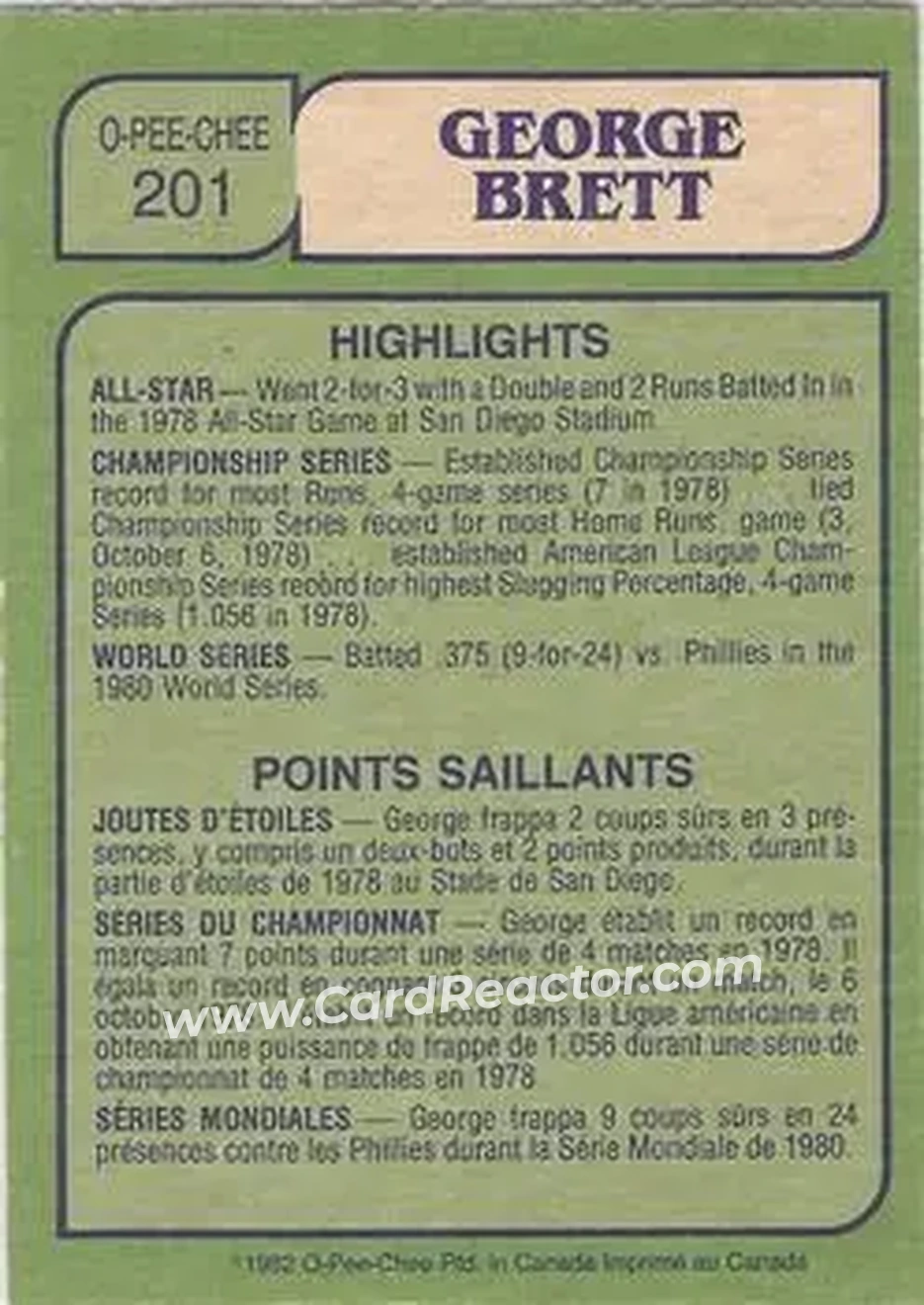 1982 O-Pee-Chee #201 - George Brett - Kansas City Royals - Back