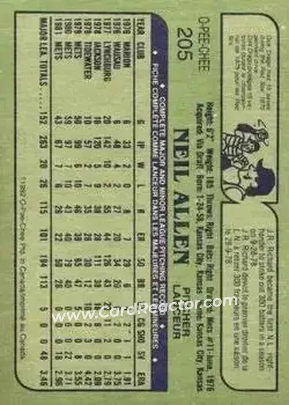 1982 O-Pee-Chee #205 - Neil Allen - New York Mets - Back 1982 O-Pee-Chee #205 - Neil Allen - New York Mets - Back