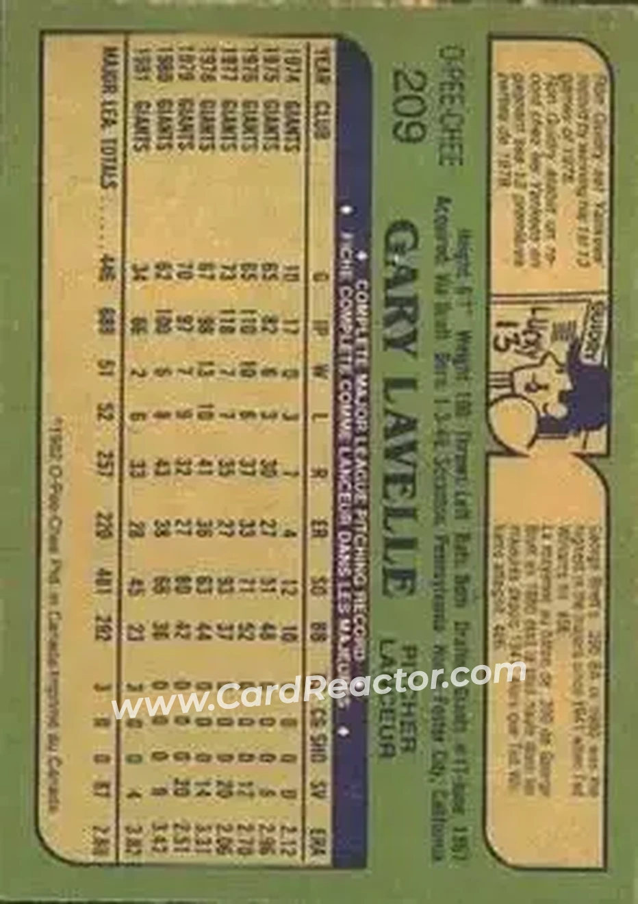 1982 O-Pee-Chee #209 - Gary Lavelle - San Francisco Giants - Back 1982 O-Pee-Chee #209 - Gary Lavelle - San Francisco Giants - Back