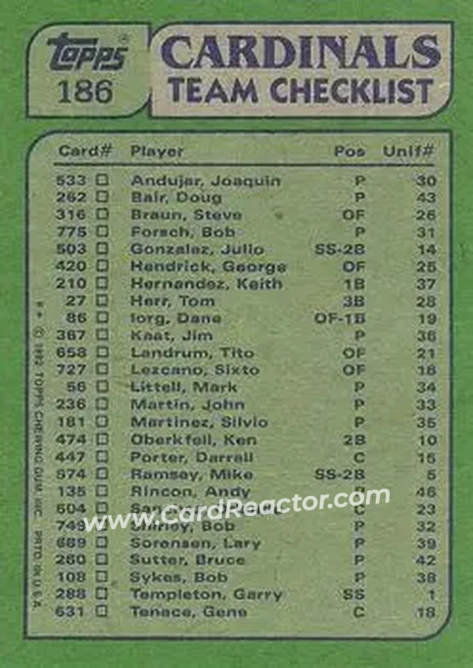 1982 Topps #186 - Card #186 - St. Louis Cardinals - Back
