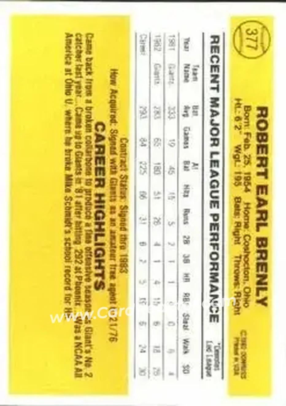1983 Donruss #377 - Bob Brenly - San Francisco Giants - Back