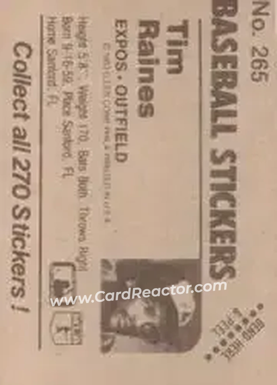 1983 Fleer Star Stickers #265 - Tim Raines - Montreal Expos - Back 1983 Fleer Star Stickers #265 - Tim Raines - Montreal Expos - Back