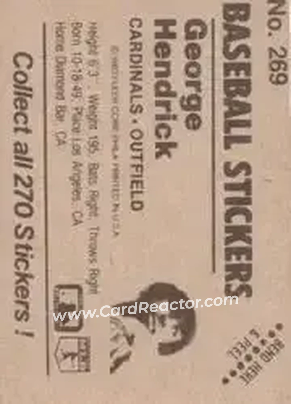 1983 Fleer Star Stickers #269 - George Hendrick - St. Louis Cardinals - Back 1983 Fleer Star Stickers #269 - George Hendrick - St. Louis Cardinals - Back