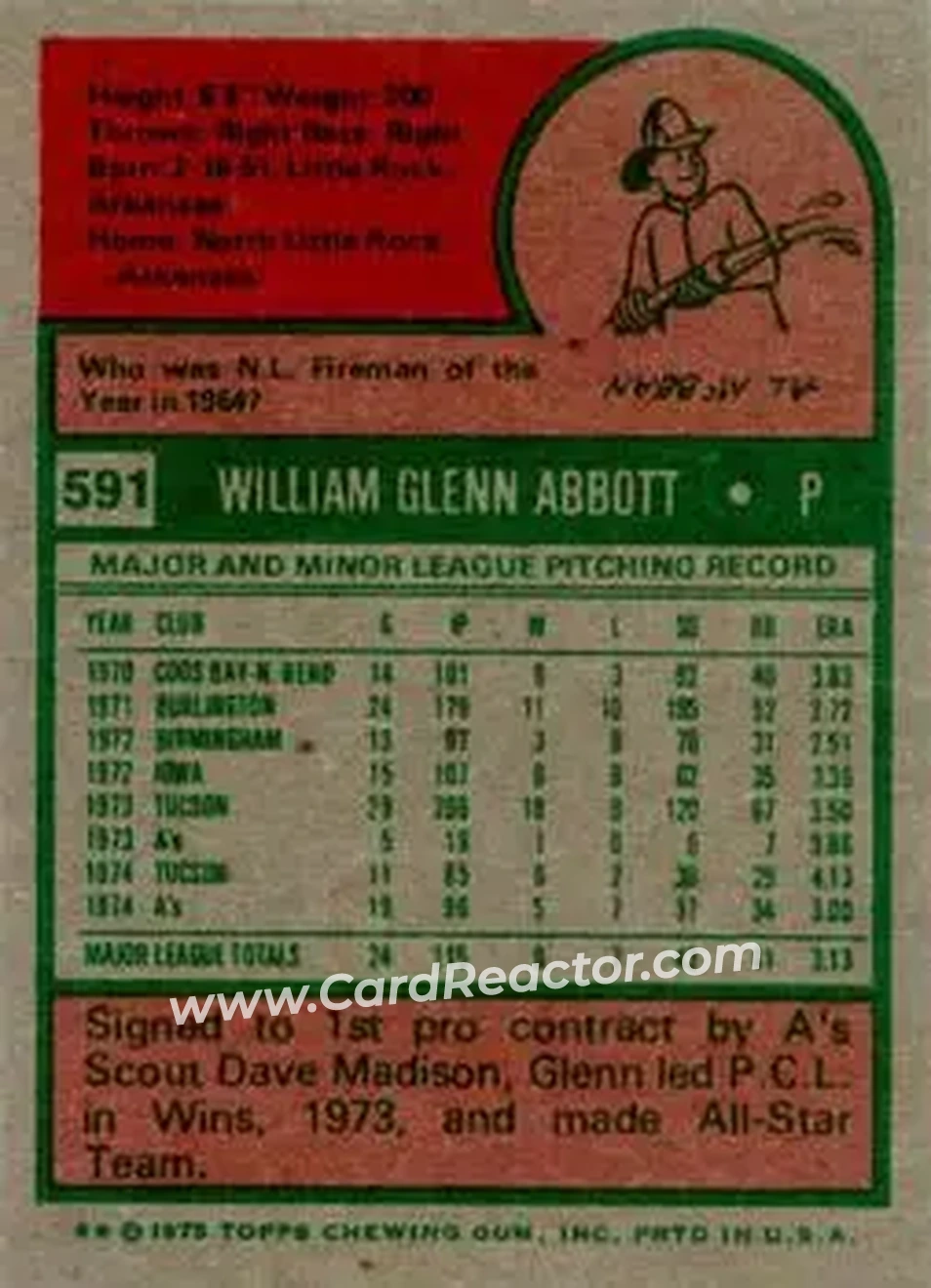 1975 Topps #591 - Glenn Abbott - Oakland Athletics - Back