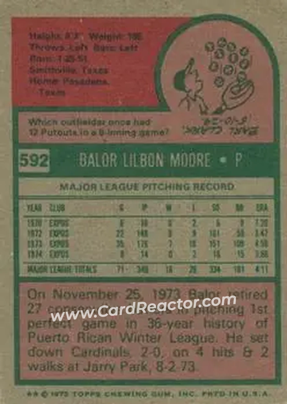 1975 Topps #592 - Balor Moore - Montreal Expos - Back