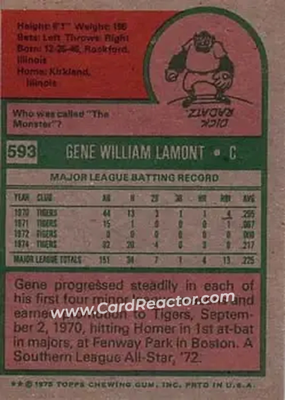 1975 Topps #593 - Gene Lamont - Detroit Tigers - Back 1975 Topps #593 - Gene Lamont - Detroit Tigers - Back