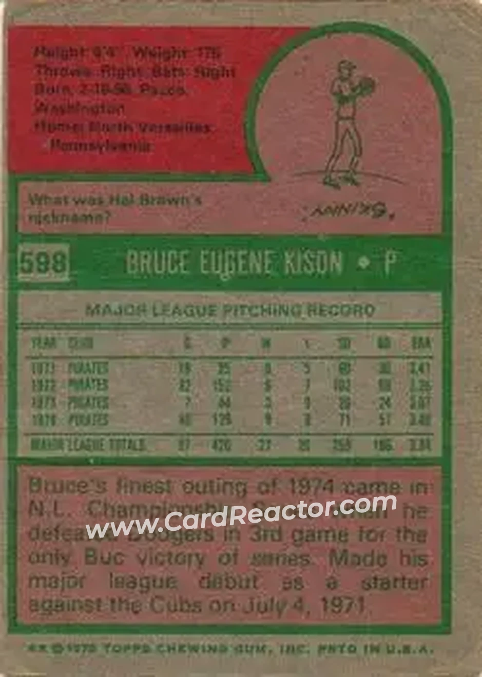 1975 Topps #598 - Bruce Kison - Pittsburgh Pirates - Back 1975 Topps #598 - Bruce Kison - Pittsburgh Pirates - Back