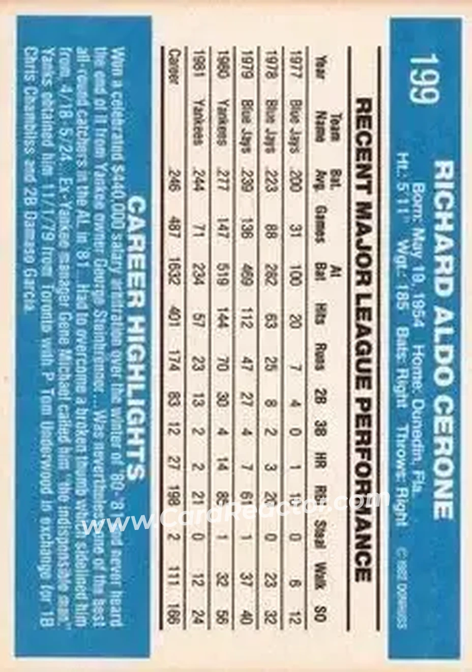 1982 Donruss #199 - Rick Cerone - New York Yankees - Back 1982 Donruss #199 - Rick Cerone - New York Yankees - Back