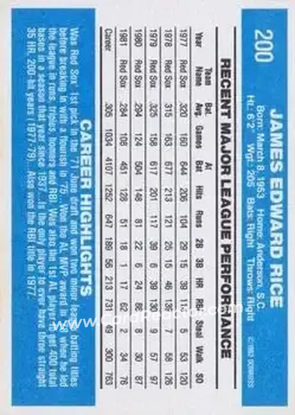 1982 Donruss #200 - Jim Rice - Boston Red Sox - Back