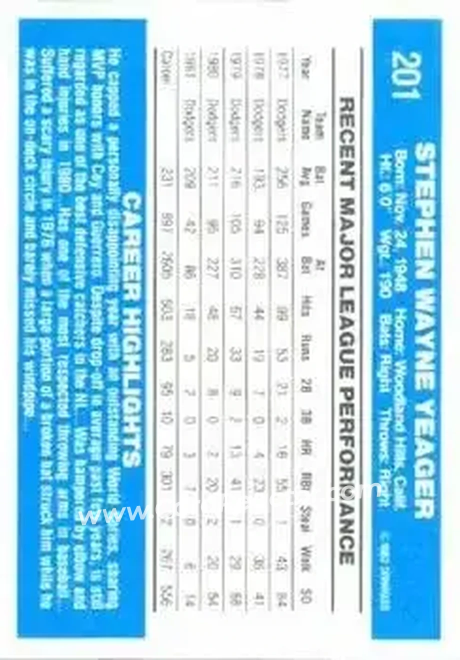 1982 Donruss #201 - Steve Yeager - Los Angeles Dodgers - Back 1982 Donruss #201 - Steve Yeager - Los Angeles Dodgers - Back
