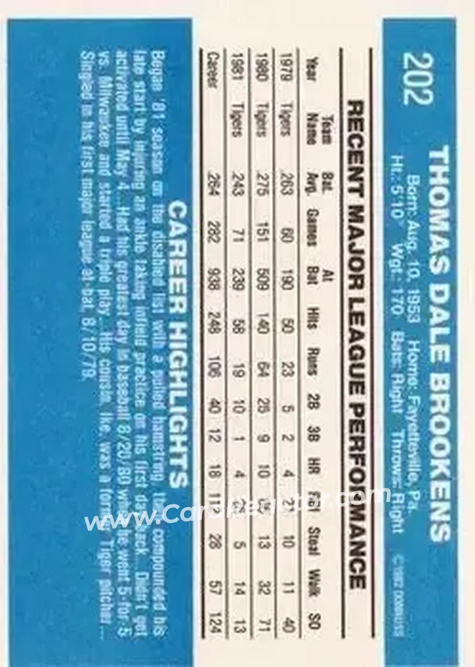 1982 Donruss #202 - Tom Brookens - Detroit Tigers - Back