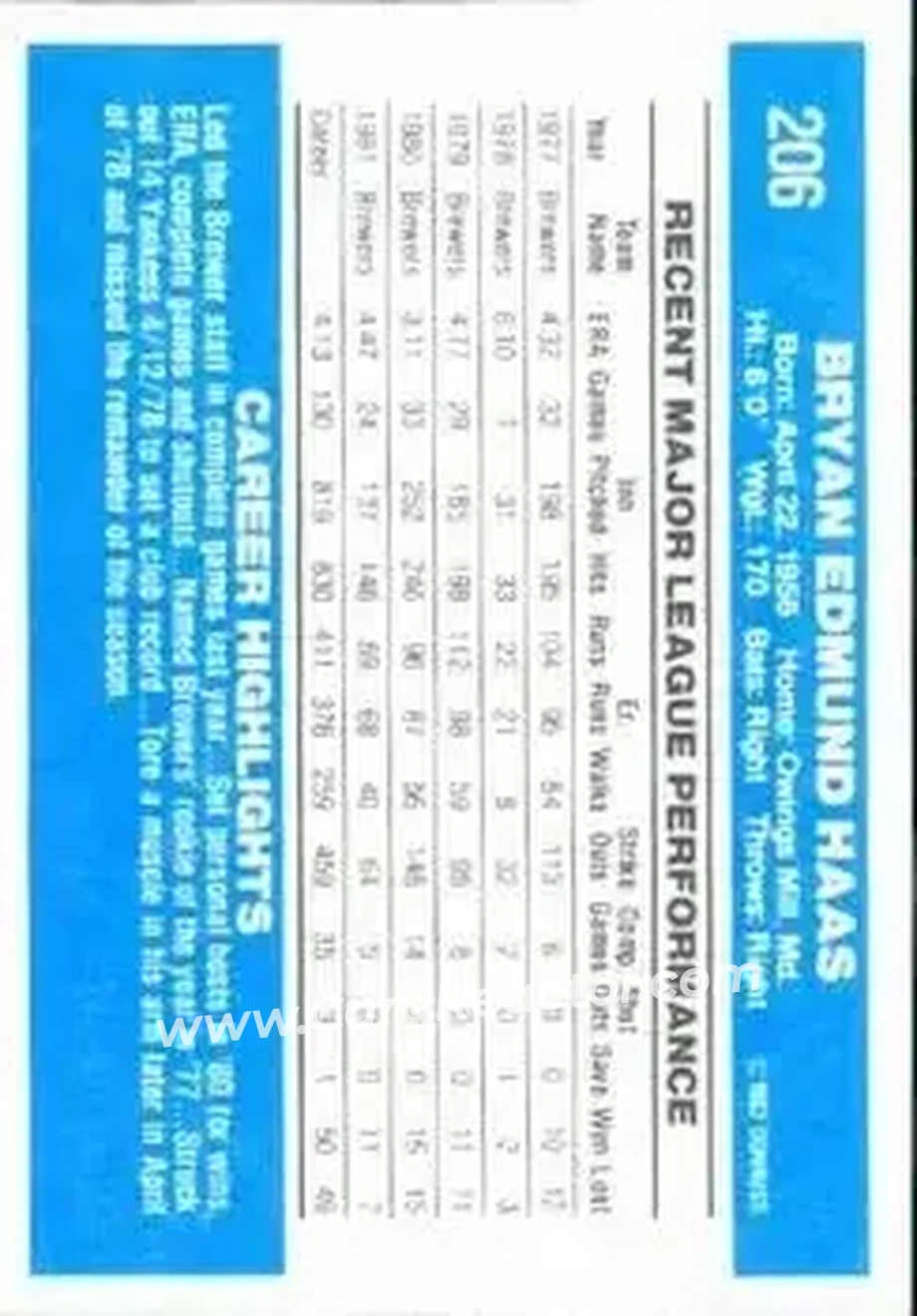 1982 Donruss #206 - Moose Haas - Milwaukee Brewers - Back 1982 Donruss #206 - Moose Haas - Milwaukee Brewers - Back