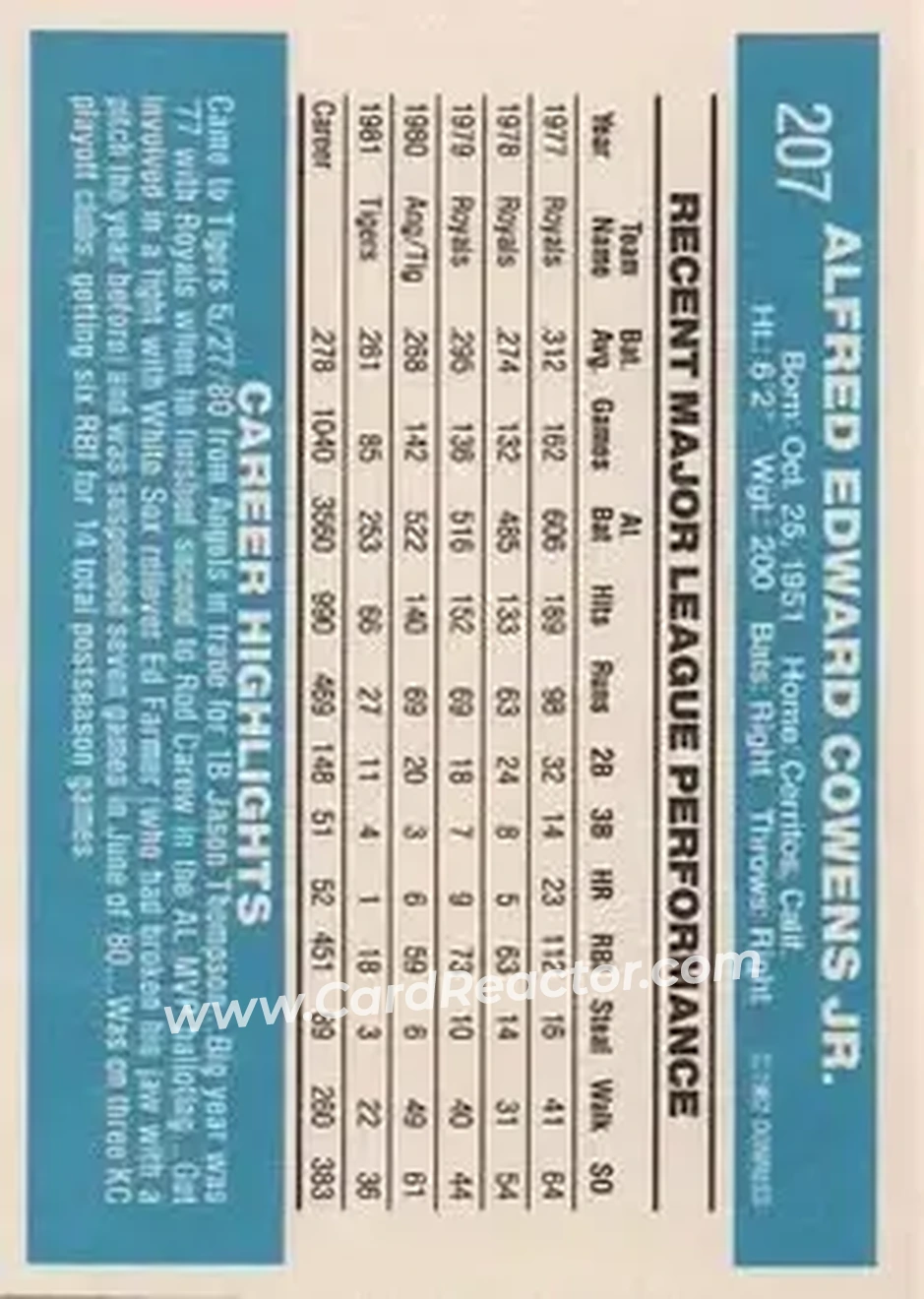1982 Donruss #207 - Al Cowens - Detroit Tigers - Back