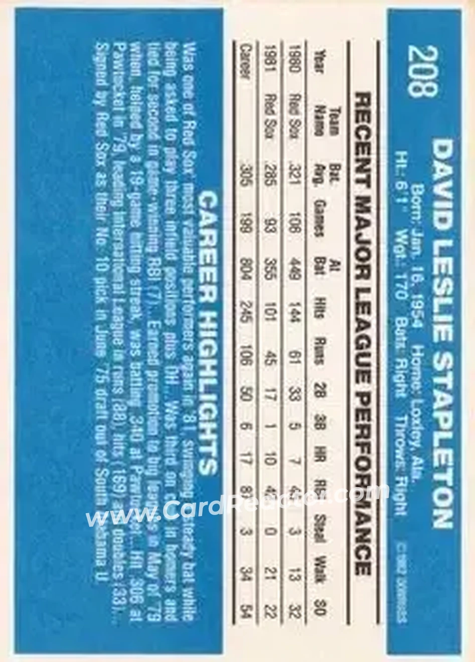 1982 Donruss #208 - Dave Stapleton - Boston Red Sox - Back