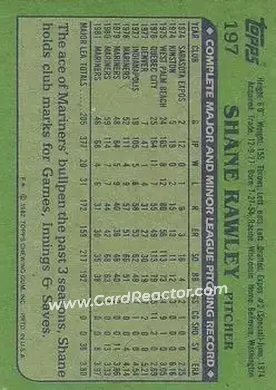 1982 Topps #197 - Shane Rawley - Seattle Mariners - Back