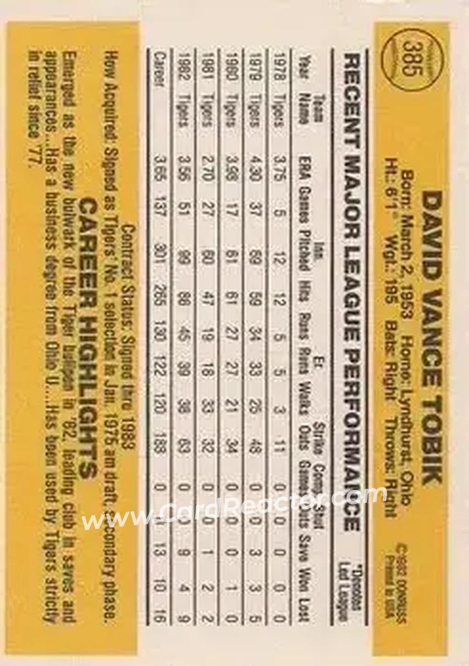 1983 Donruss #385 - Dave Tobik - Detroit Tigers - Back 1983 Donruss #385 - Dave Tobik - Detroit Tigers - Back
