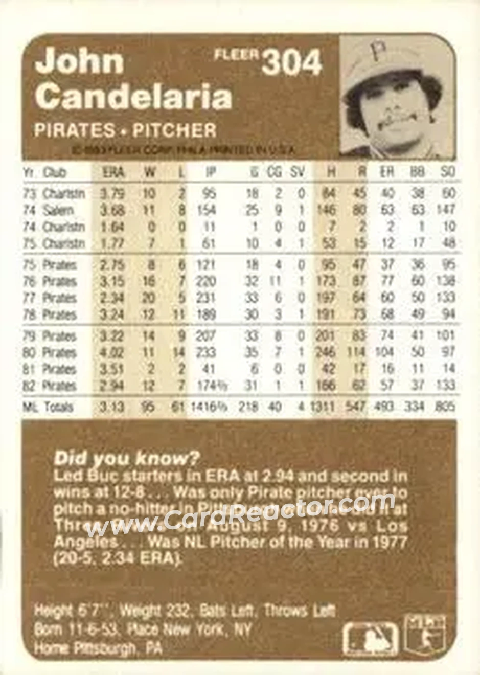 1983 Fleer #304 - John Candelaria - Pittsburgh Pirates - Back