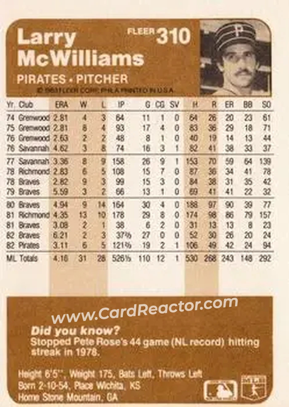 1983 Fleer #310 - Larry McWilliams - Pittsburgh Pirates - Back