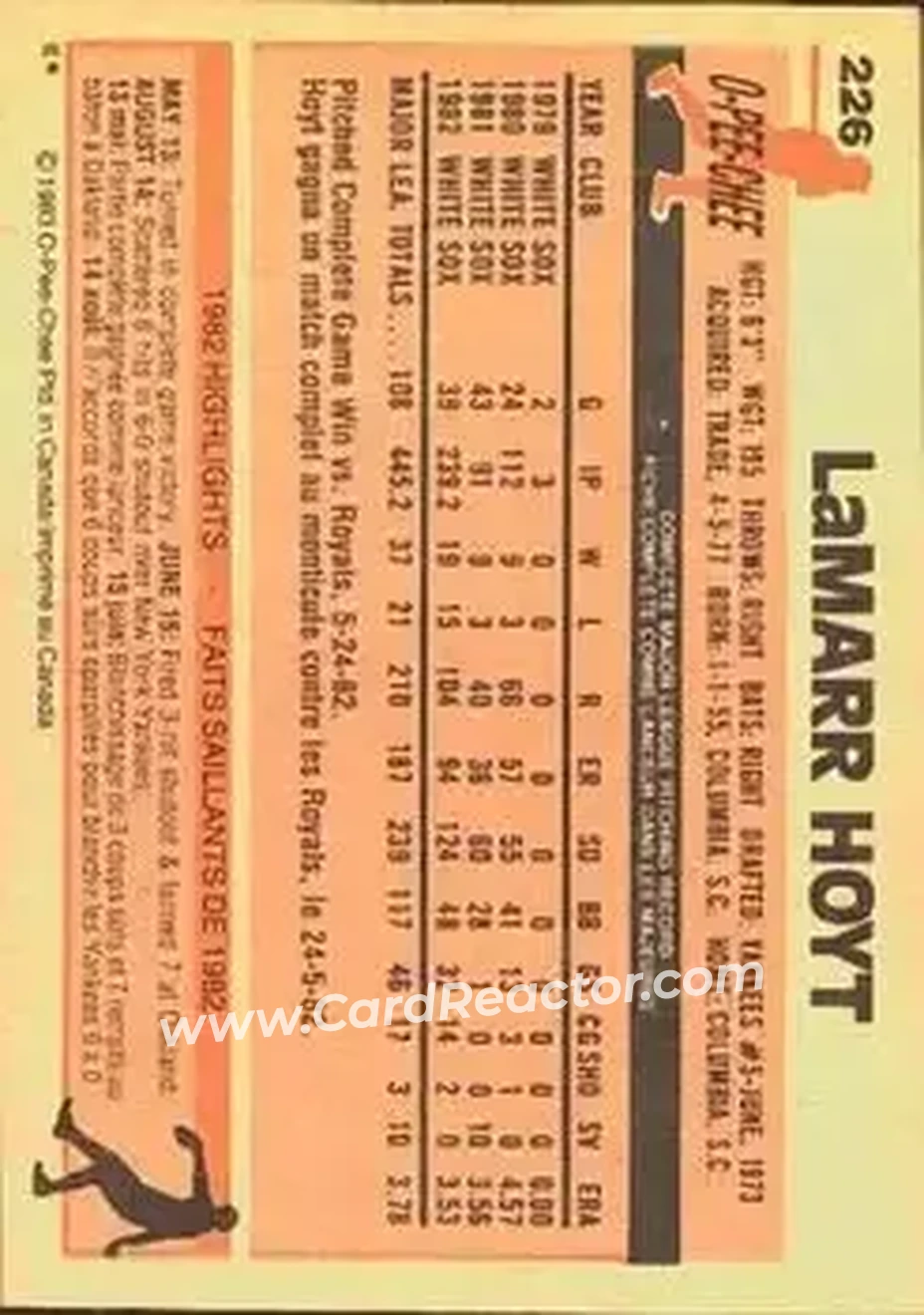 1983 O-Pee-Chee #226 - LaMarr Hoyt - Chicago White Sox - Back 1983 O-Pee-Chee #226 - LaMarr Hoyt - Chicago White Sox - Back