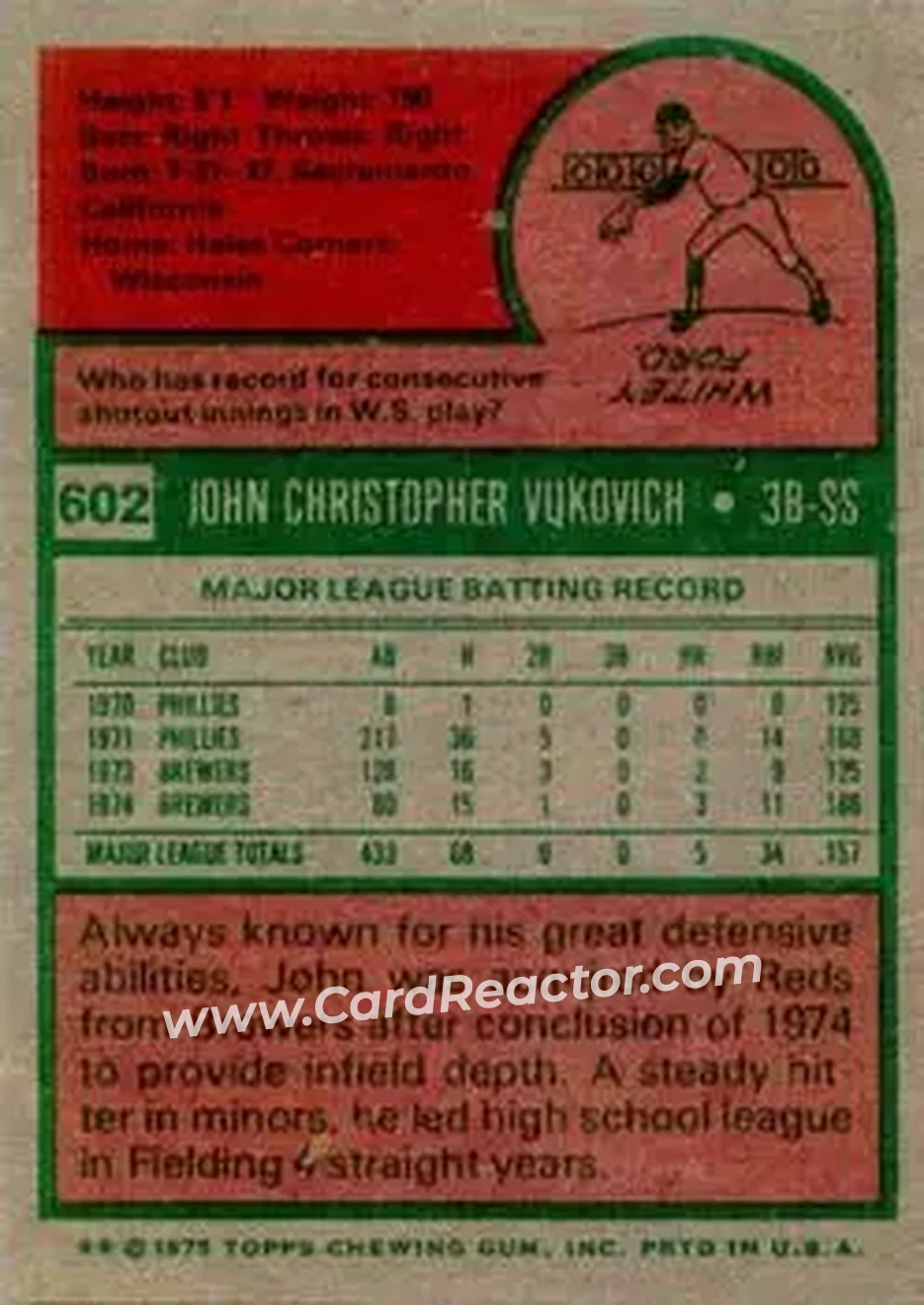1975 Topps #602 - John Vukovich - Cincinnati Reds - Back 1975 Topps #602 - John Vukovich - Cincinnati Reds - Back